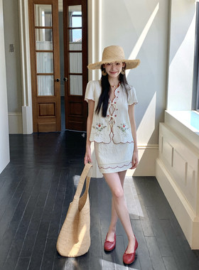 Thecoco 镂空雕孔刺绣棉麻少女感短袖套装女夏重工气质百搭一整套