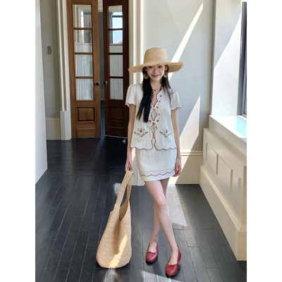 Thecoco 镂空雕孔刺绣棉麻少女感短袖套装女夏重工气质百搭一整套