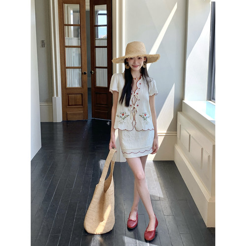 Thecoco 镂空雕孔刺绣棉麻少女感短袖套装女夏重工气质百搭一整套