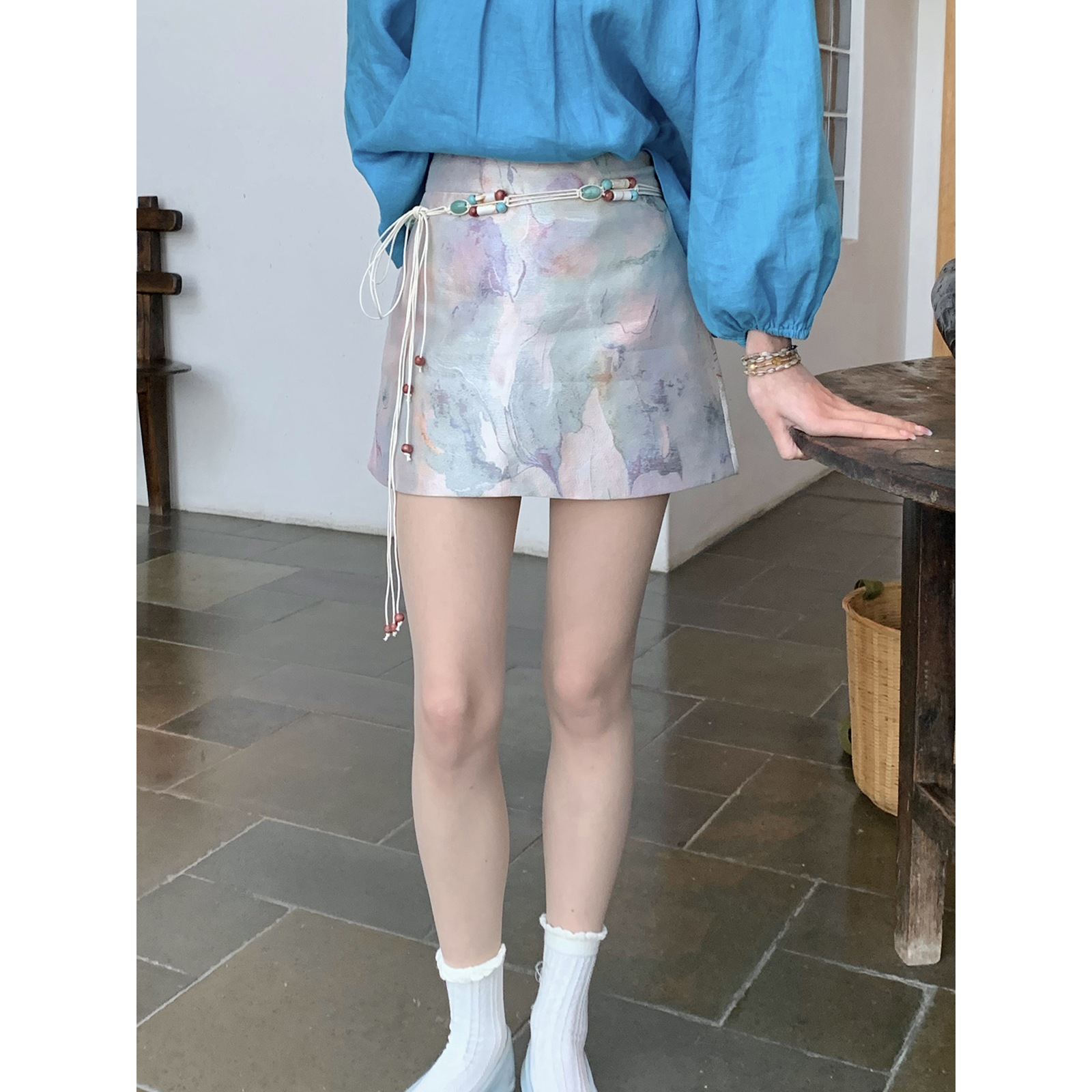 Thecoco 彩墨大理石 波西米亚中腰半裙（送腰链）女夏季提花短裙
