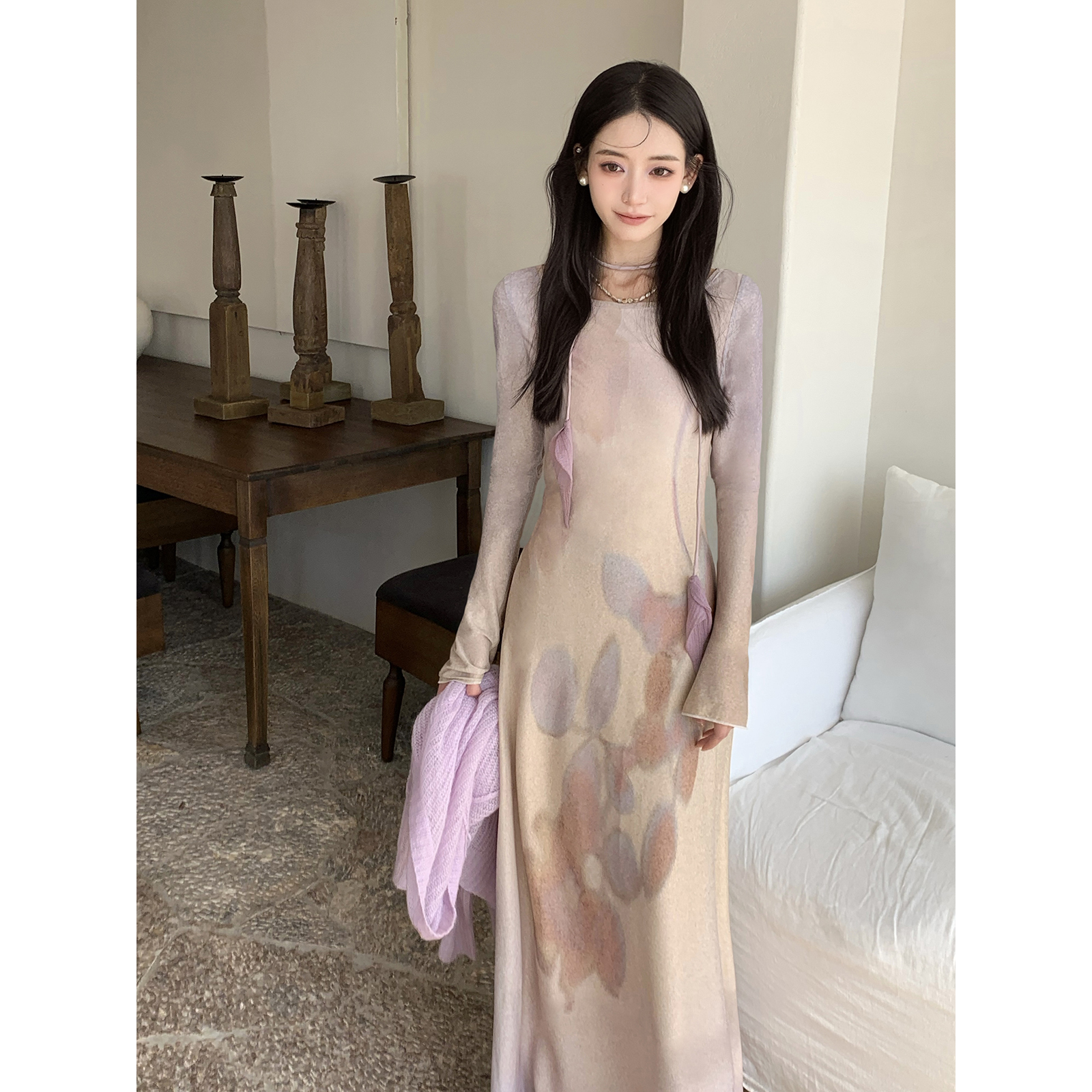Thecoco 紫色马蹄莲 原创网纱印花连衣裙女春夏温柔气质显瘦长裙