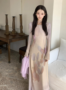Thecoco 紫色马蹄莲 原创网纱印花连衣裙女春夏温柔气质显瘦长裙