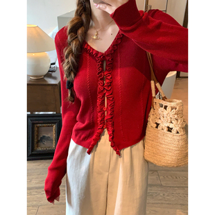 Thecoco 木耳边春夏透气显白红色针织开衫女甜美气质百搭v领上衣