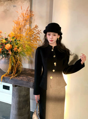 Thecoco 原创新中式刺绣收腰羊毛双面呢套装毛呢外套半身裙女冬季