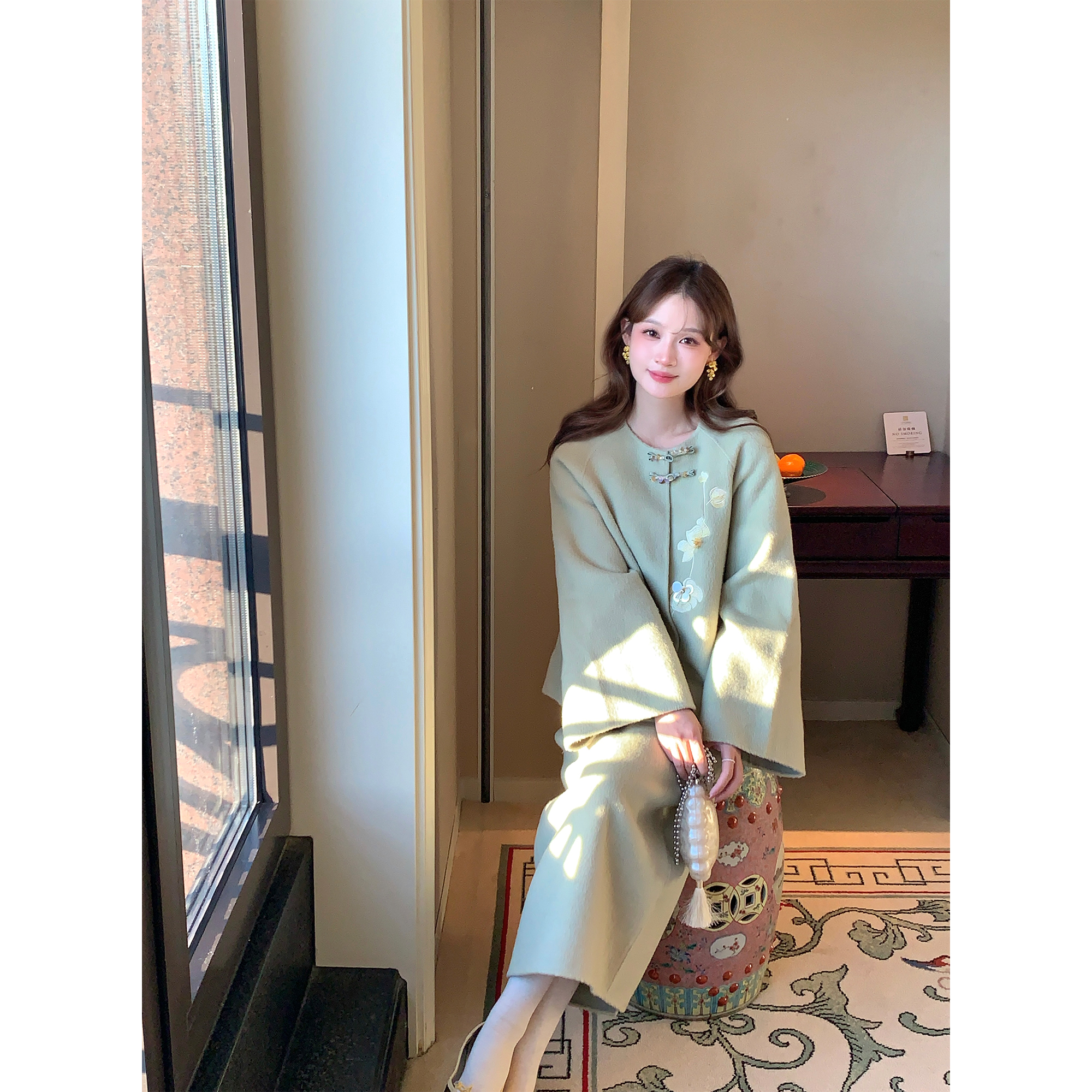 Thecoco 松霜绿 品质苏丽羊毛原创新中式刺绣双面呢外套套装女冬