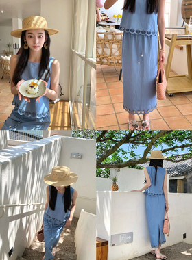 Thecoco 雕孔刺绣贝壳镂空蓝色套装女夏季垂感显瘦气质搭配一整套