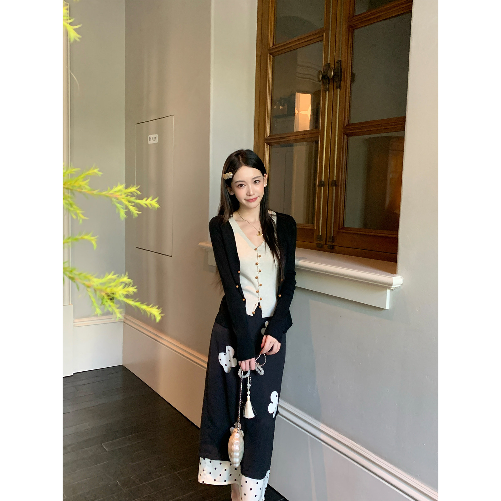 Thecoco 假两件针织上衣女秋季设计感气质修身显瘦百搭v领毛衣衫