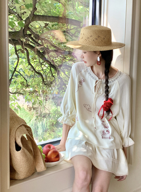 Thecoco 红色刺绣棉麻套装女夏系带上衣阔腿长裤百搭短半裙一整套