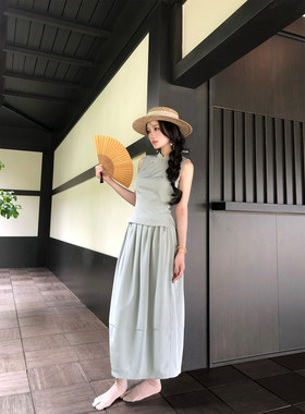 Thecoco 原创新中式浅灰蓝色蚕丝混纺收腰套装女夏气质穿搭一整套