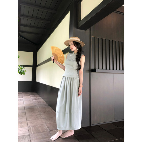 Thecoco 原创新中式浅灰蓝色蚕丝混纺收腰套装女夏气质穿搭一整套