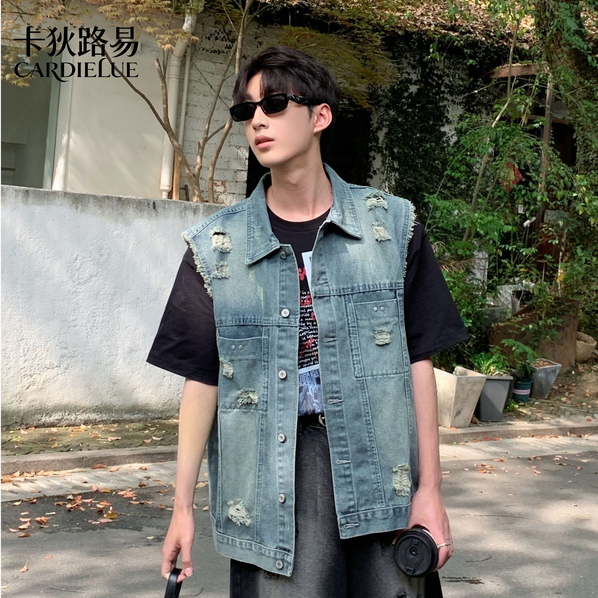 【卡狄路易 CARDIELUE】牛仔马甲男春夏破洞美式复古水洗宽松无袖
