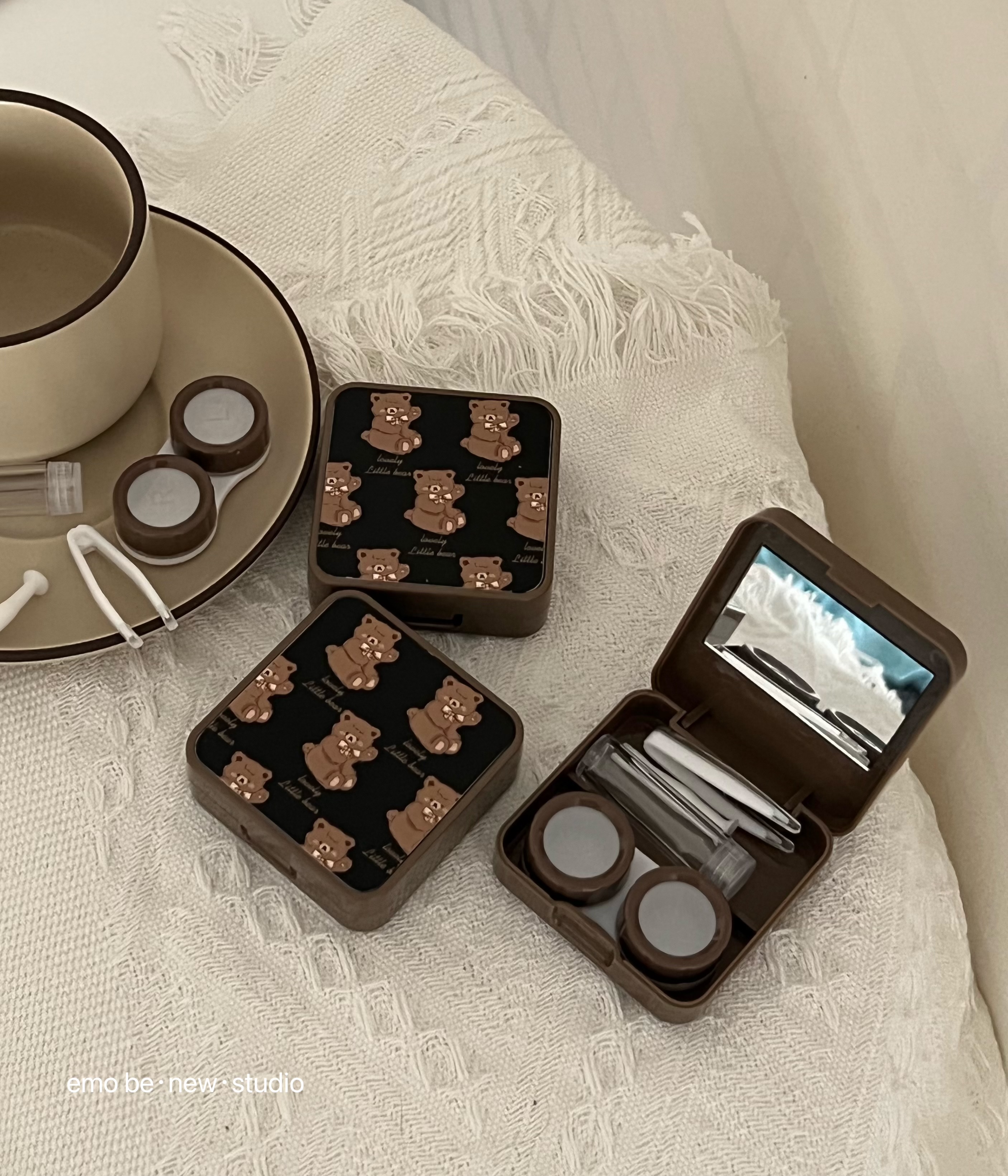 这个小熊很可爱，少女心质感美瞳护理盒卡通ins风便携隐形收纳盒