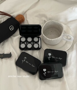 3副装 ～2022质感黑色玫瑰印花复古ins风美瞳独立双联盒隐形护理盒