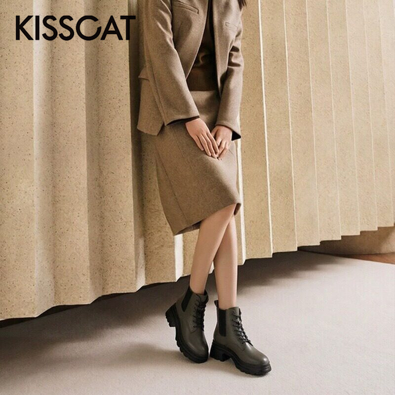 KISS CAT/接吻猫秋冬牛皮圆头马丁靴前系带厚底短靴女KA32720-53
