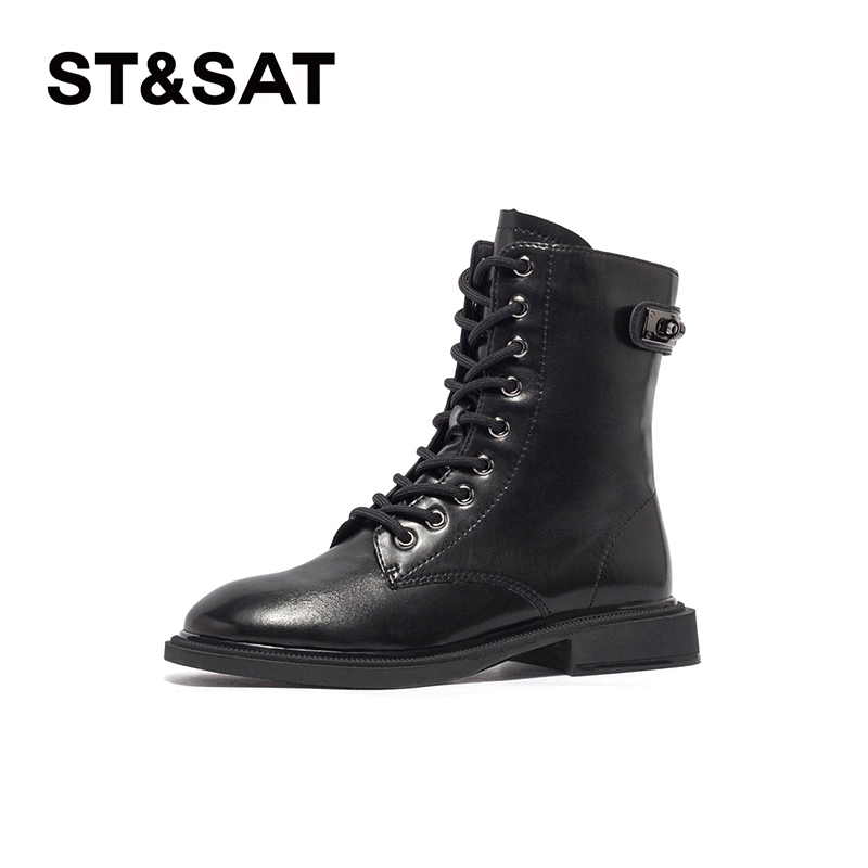 星期六通勤粗跟侧拉链马丁靴