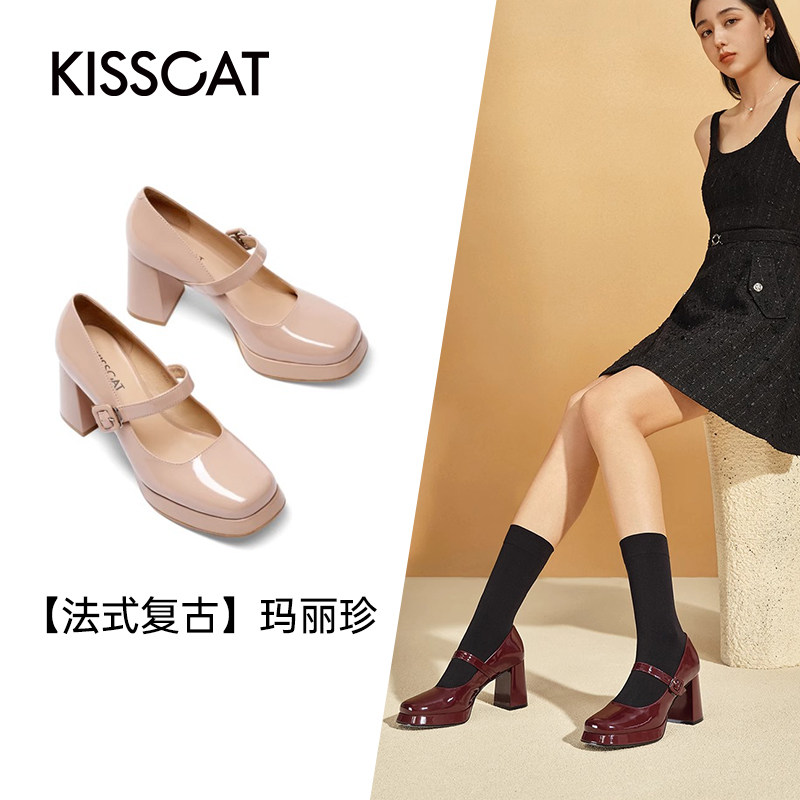 KISS CAT/接吻猫春秋牛皮玛丽珍鞋粗高跟鞋方头单鞋女KA43354-82,女鞋,玛丽珍鞋,淘宝优惠券,粉丝福利购,淘宝优惠卷