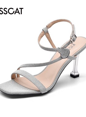 KISSCAT/接吻猫夏季新款方头一字扣带超高跟露趾凉鞋女KA21314-11