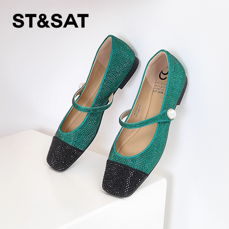星期六时尚拼接水钻优雅玛丽珍鞋