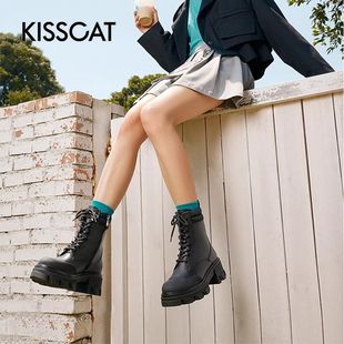 KISSCAT 接吻猫秋冬牛皮拼接系带拉链中筒厚底马丁靴女KA32723