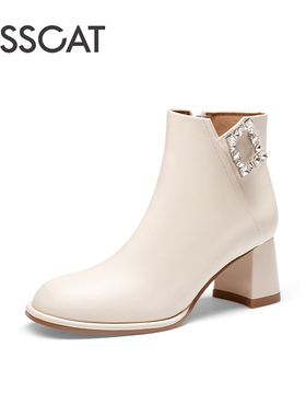 KISS CAT/接吻猫秋冬羊反绒水钻时装靴粗高跟短靴女KA43705-13