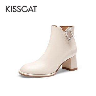 KISS CAT/接吻猫秋冬羊反绒水钻时装靴粗高跟短靴女KA43705-13