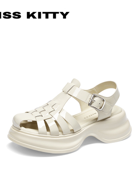KISSKITTY夏季新款牛皮包头休闲凉鞋厚底增高猪笼鞋女SA43373-36