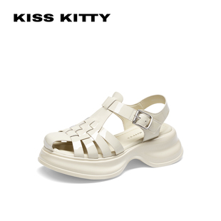 KISSKITTY夏季新款牛皮包头休闲凉鞋厚底增高猪笼鞋女SA43373-36