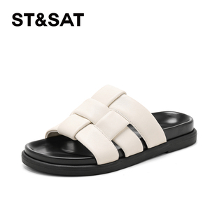 St&Sat/星期六夏季羊皮编织厚底一字型外穿凉拖鞋女SSE2110WW7