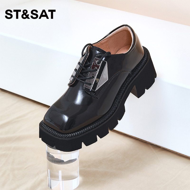 星期六牛皮系带厚底英伦小皮鞋女