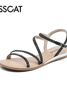 KISSCAT/接吻猫夏季新款水钻一字扣带低跟露趾凉鞋女KA21387-50
