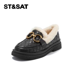 羊皮雪地靴保暖绒里厚底乐福鞋 女SS1411A100 星期六冬季 St&Sat