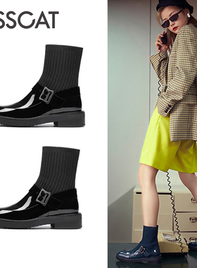 KISS CAT/接吻猫秋冬牛漆皮短靴圆头粗跟拼接袜靴女KA10525-55