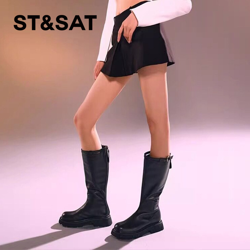 St&Sat/星期六秋冬牛皮后拉链皮带扣厚底高筒骑士靴女SS34117569