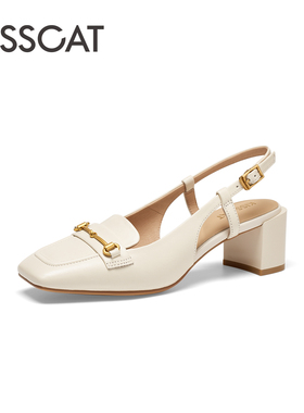 KISSCAT/接吻猫夏季羊皮浅口一字带方头粗跟包头凉鞋女KA43110-13