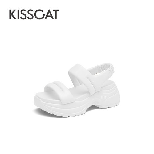 接吻猫羊皮厚底增高休闲凉鞋