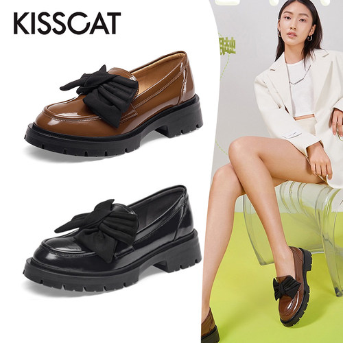 接吻猫学院风牛皮厚底乐福鞋