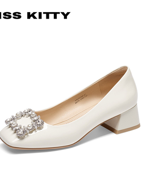 KISSKITTY春秋牛皮芭蕾鞋方头珍珠水钻粗跟浅口单鞋女SA53168-81