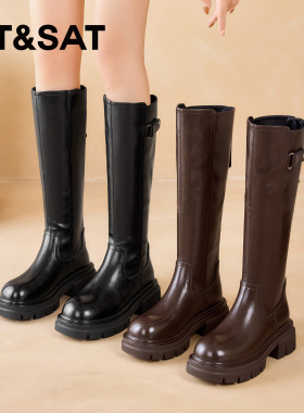 St&Sat/星期六秋冬厚底骑士靴粗跟高筒靴后拉链长靴女SSD4117CTL