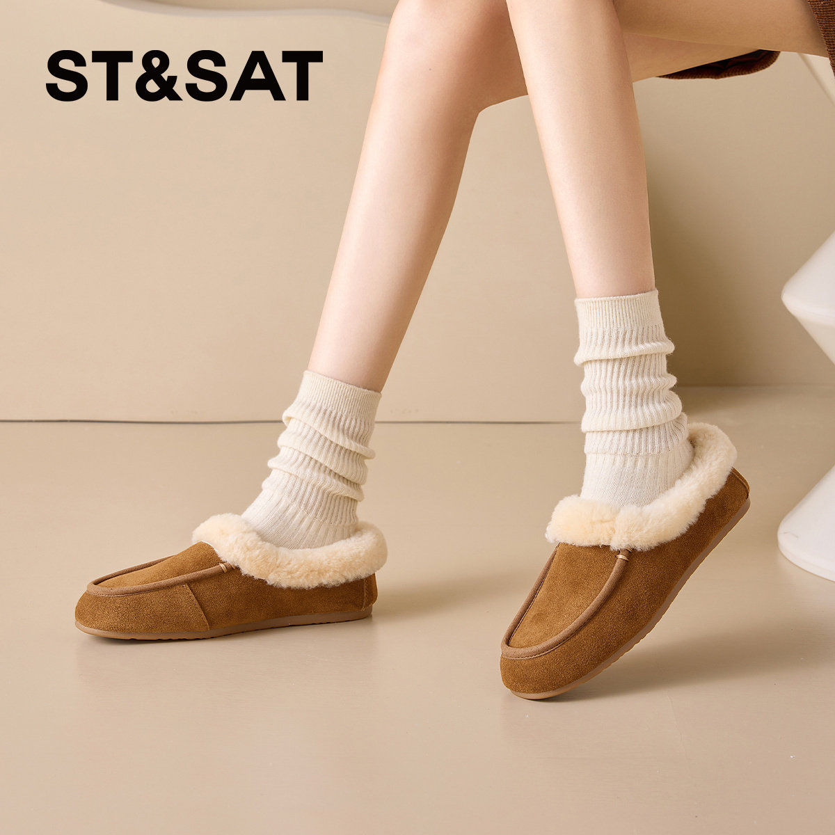 St&Sat/星期六冬季牛反绒勃肯鞋加绒保暖平底毛毛鞋女SSD4110CWB,女鞋,包头拖,淘宝优惠券,粉丝福利购,淘宝优惠卷