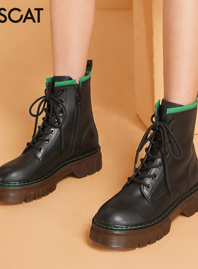 KISS CAT/接吻猫秋冬牛皮户外马丁靴侧拉链厚底短靴女KA32742-50