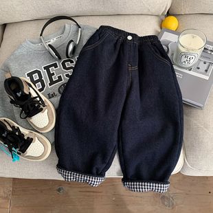 儿童翻边格子边加厚棉裤 新款 子潮 2025冬季 男童北极绒牛仔裤