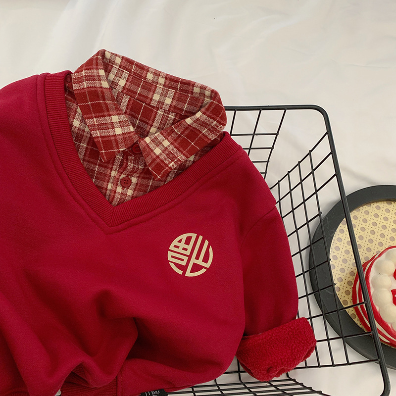 男童装过年红色喜庆拜年服儿童帅气翻领百搭衬衫气质加绒长袖卫衣