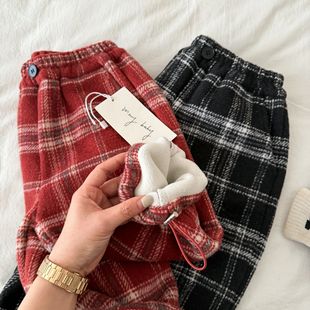 儿童格子长裤子男喜庆冬季款小童束脚裤过年宝宝红色休闲裤女加绒