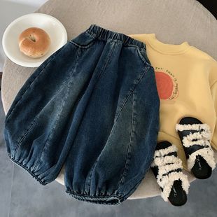 儿童加绒牛仔裤冬季一体绒韩版男童百搭女童休闲灯笼裤中小童长裤