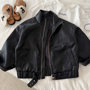 上衣韩版 小童纯色开衫 潮宝宝皮衣女洋气 2026新款 儿童皮夹克男春季