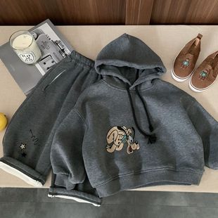 儿童卫衣套装加绒冬季新款男童卡通卫裤宝宝连帽卫衣两件套女加厚