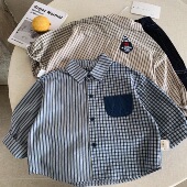 小童口袋上衣纯棉宝宝衬衣女洋气 新款 儿童格子衬衫 男休闲2026春季