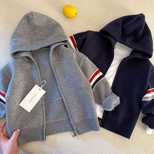 tb儿童连帽外套男女童加绒针织上衣2025冬款宝宝加厚条纹开衫毛衣