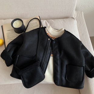 儿童加绒外套男女童羊羔绒皮衣2025冬季新款宝宝纯色夹克加厚保暖