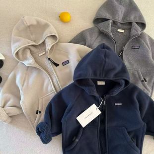 儿童连帽卫衣加绒男冬季新款小童一体绒开衫纯色宝宝外套女双面绒